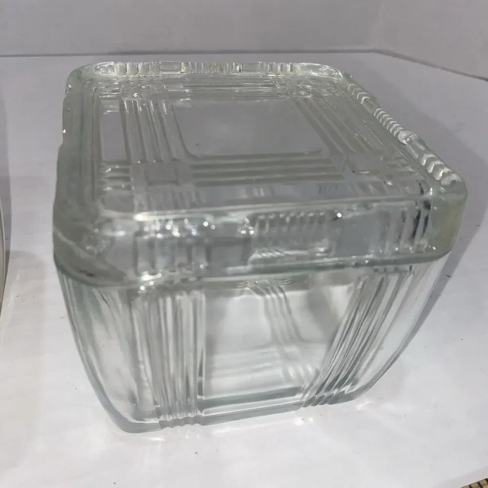 2-VTG Hazel Atlas Crisscross Clear Glass Square Refrigerator Dishes W/Lids 1930s